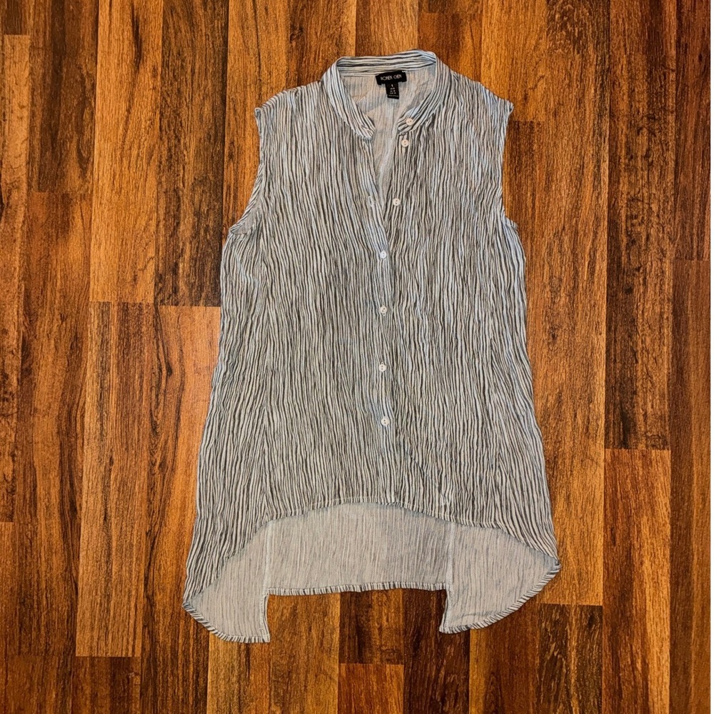 Ronen Chen Grey Striped Crinkle Sleeveless High Low Button Down Tunic Top US 6